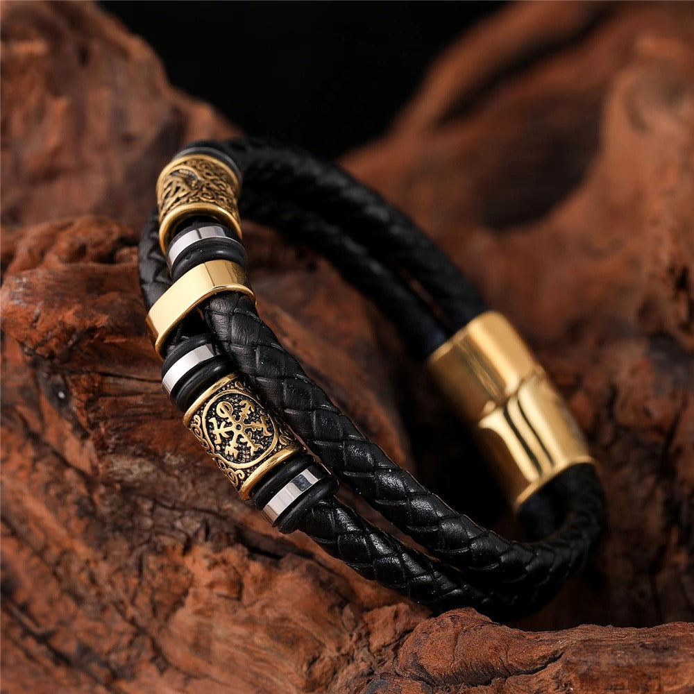Black Woven Leather & Gold Charm Bracelet-EllyBoutique