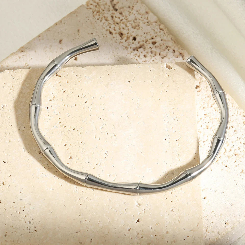 Silver Minimalist Bamboo Cuff Bracelet-EllyBoutique