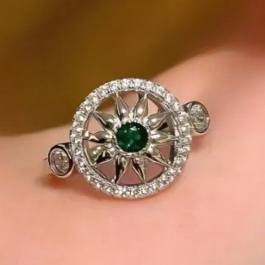 Classic Silver & Green Gemstone Sunflower Adjustable Ring-EllyBoutique