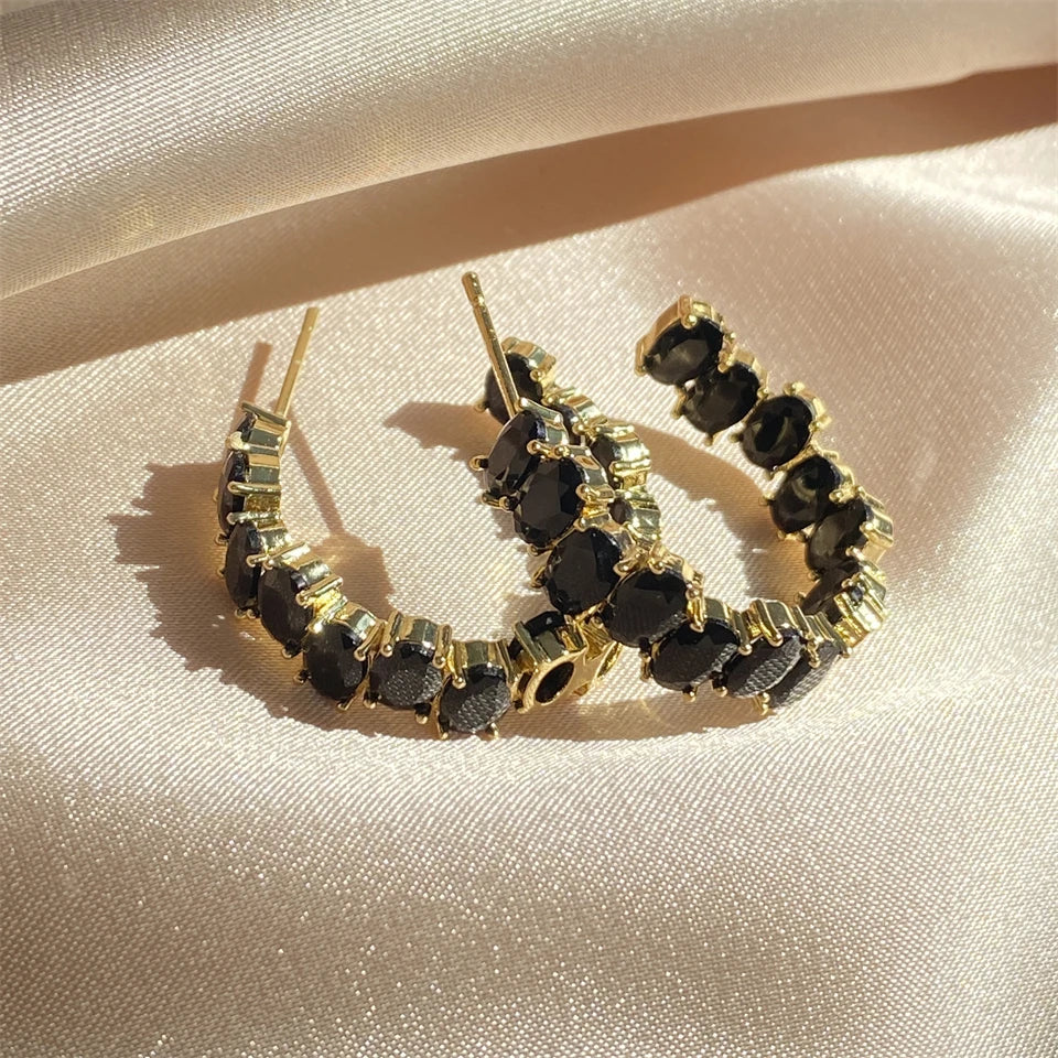 Vintage Gold Black Crystal Hoop Earrings-EllyBoutique