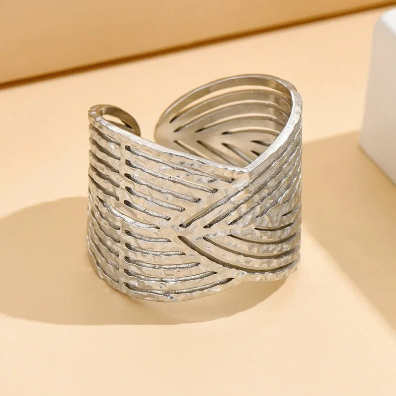 Wide Band Carved Silver Adjustable Ring-EllyBoutique