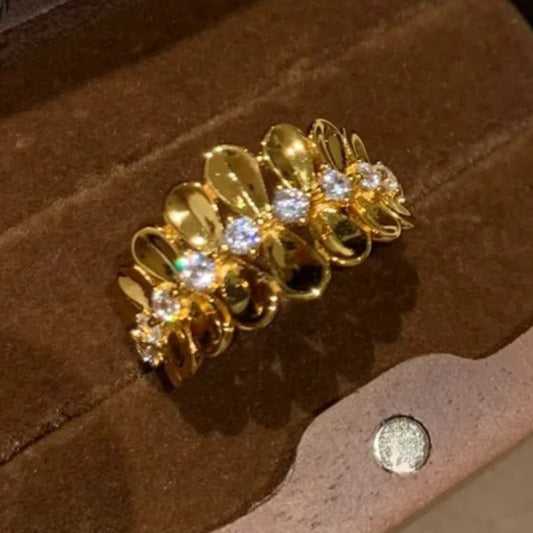 Vintage Gold & Diamond Floral Studded Shiny Leaf Adjustable Ring-EllyBoutique