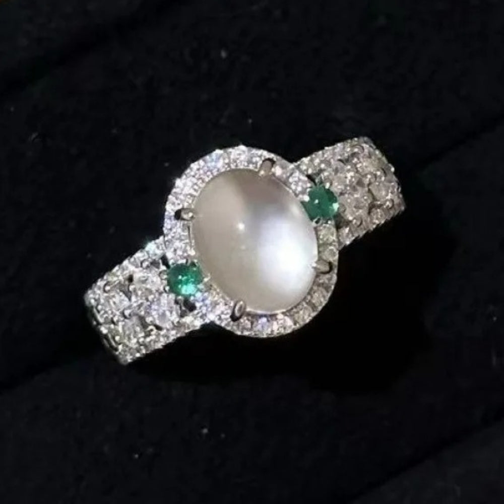 Retro Silver White & Green Gemstone Moonstone Adjustable Ring-EllyBoutique