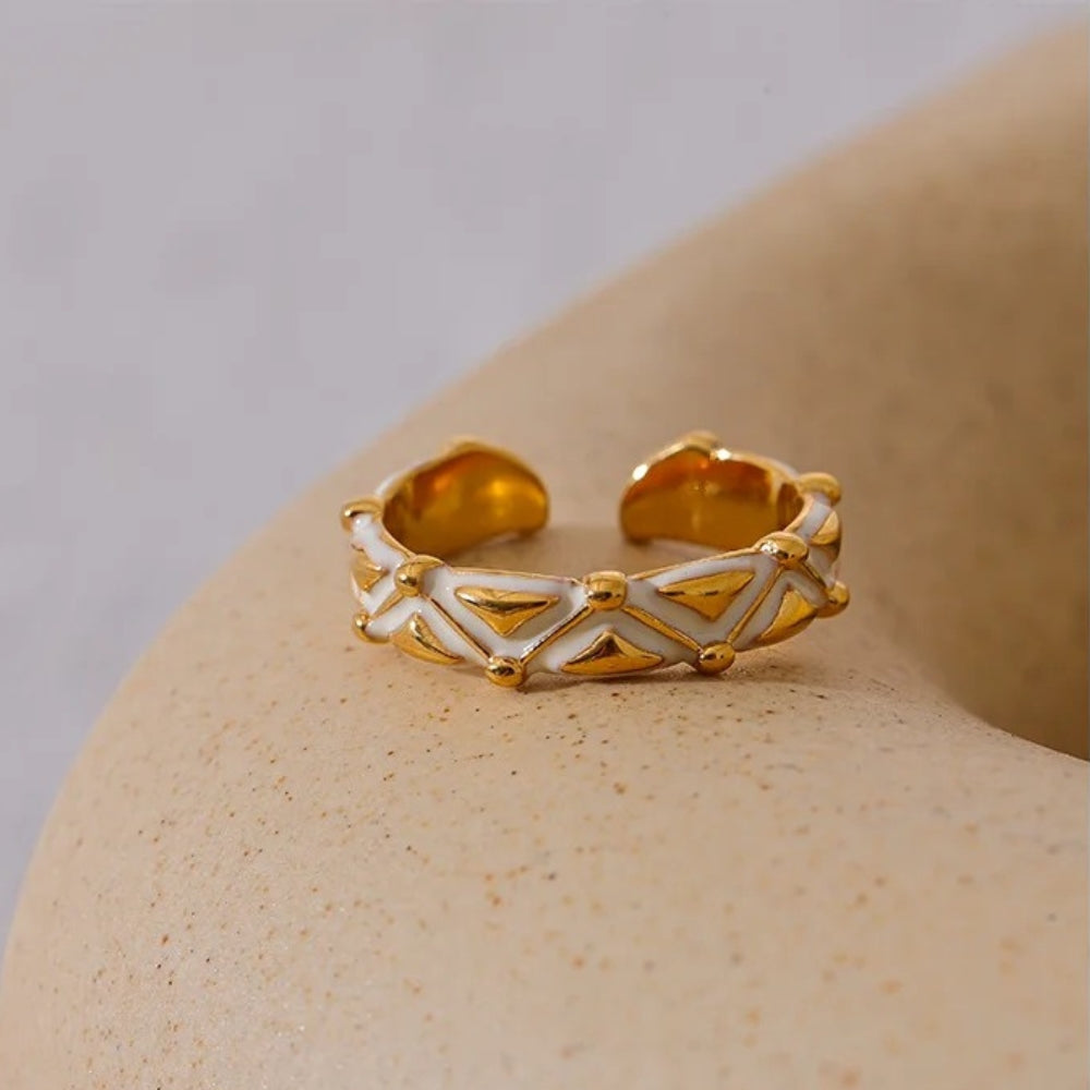 Vintage White Enamel Open Gold Ring-EllyBoutique