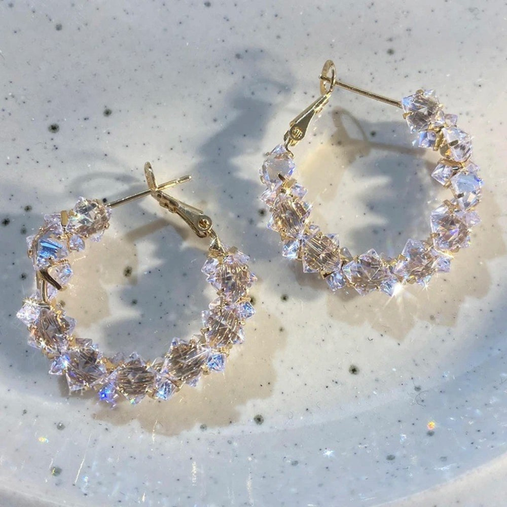 Vintage Gold Sparkling Crystal Hoop Earrings-EllyBoutique