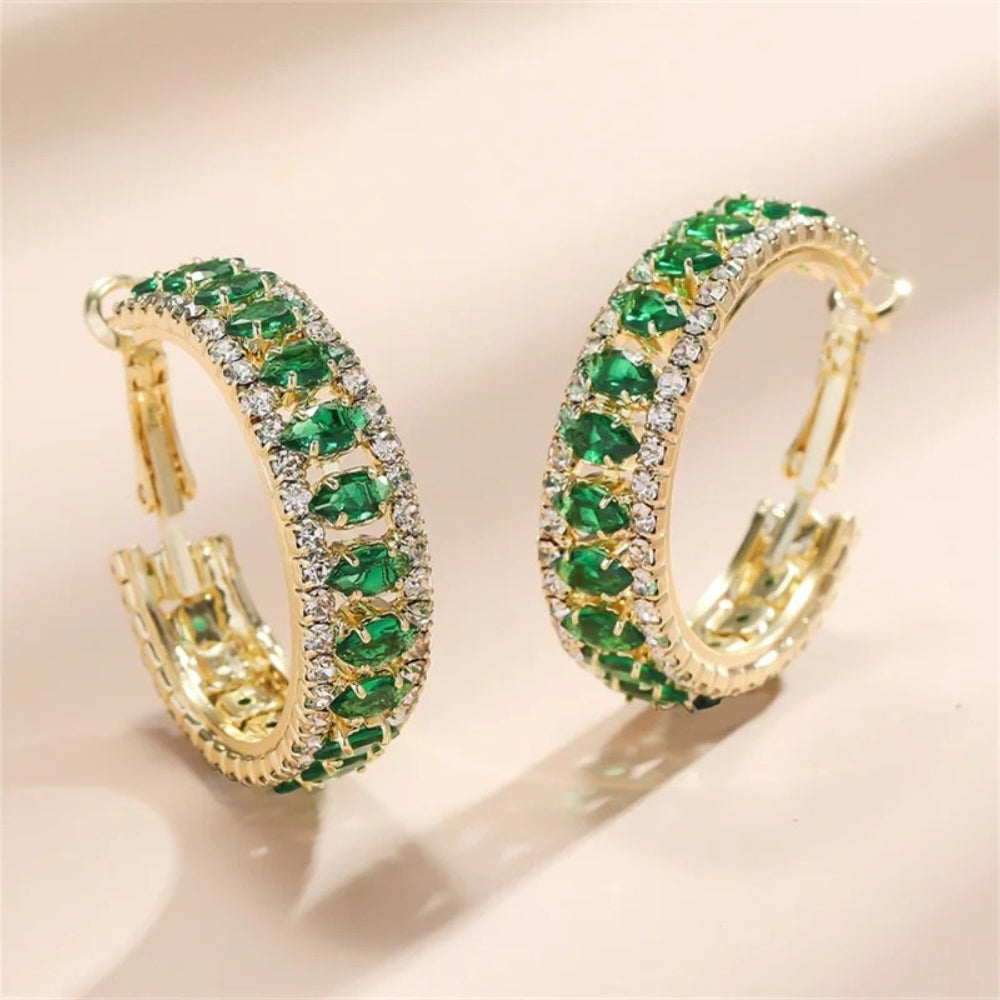 Vintage Green Crystal Hoop Earrings-EllyBoutique