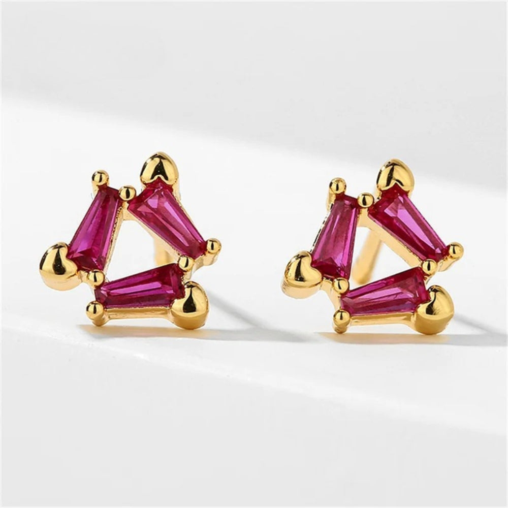 Gold Triangle Red Gem Earrings-EllyBoutique