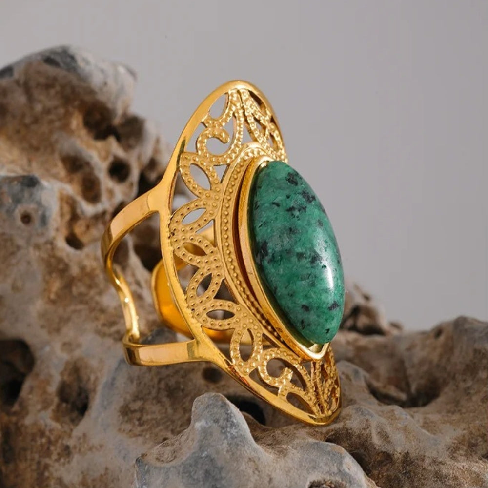 Gold Ornate Green Stone Open Ring-EllyBoutique