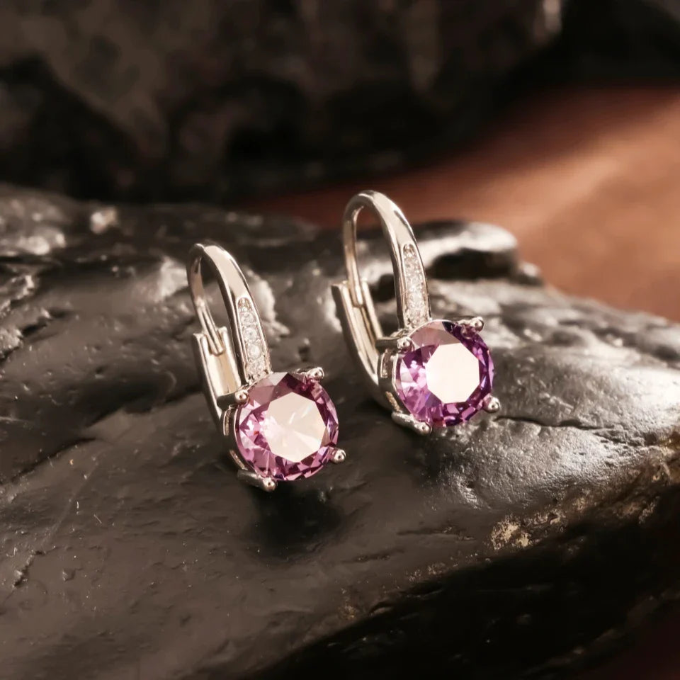 Silver Vintage Round Purple Earrings-EllyBoutique