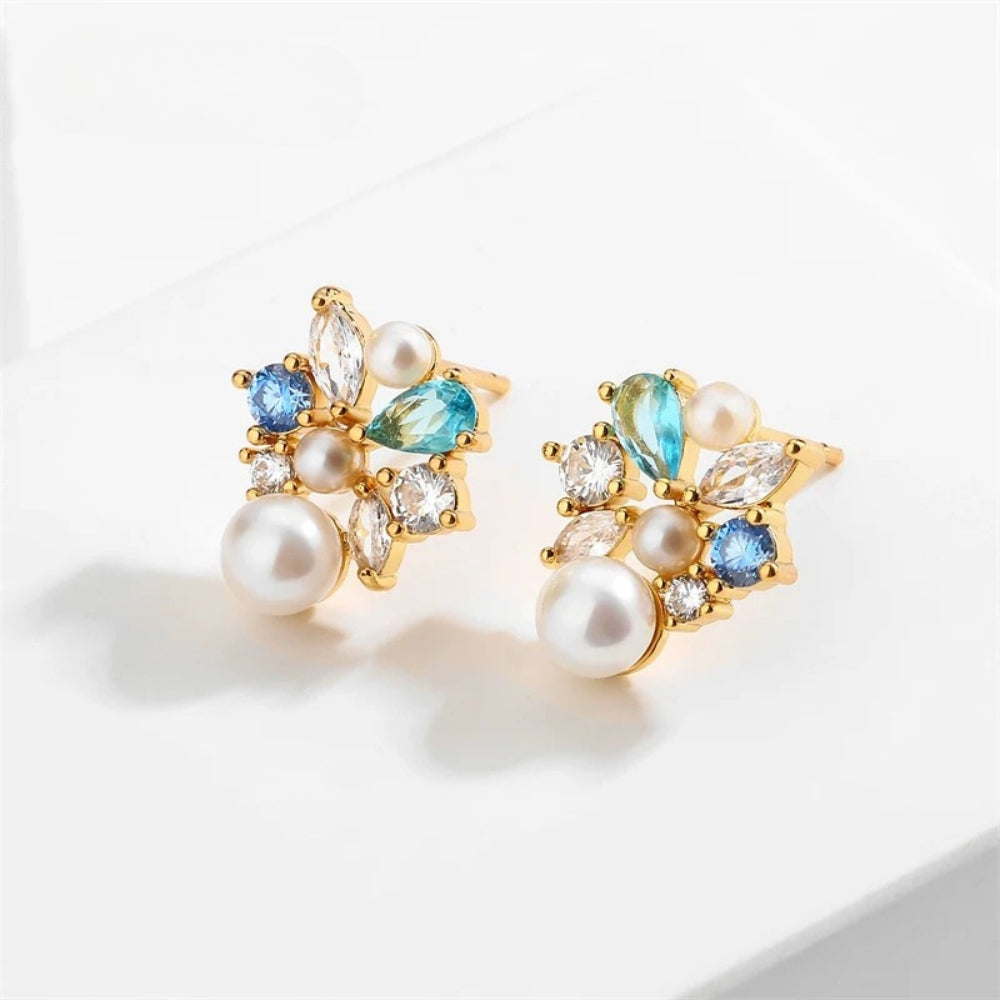 Vintage Pearl & Blue Crystal Earrings-EllyBoutique