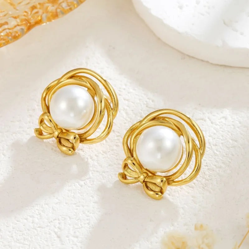 Vintage Pearl Bow Stud Earrings-EllyBoutique