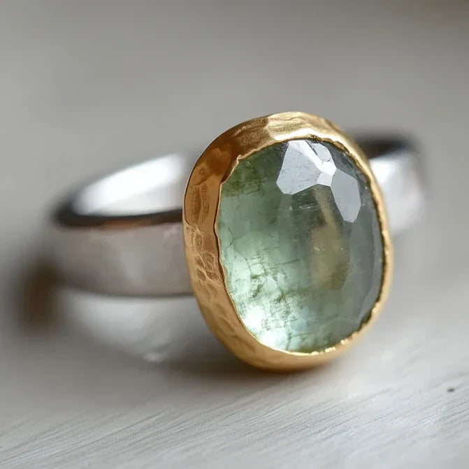 Vintage Green Stone Gold & Silver Forged Ring-EllyBoutique