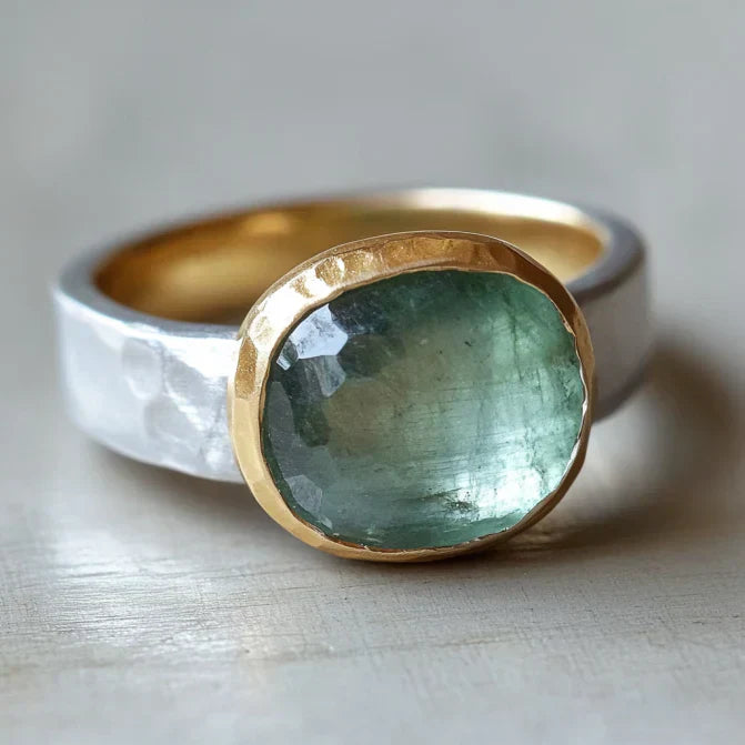 Vintage Green Glass Gold & Silver Forged Ring-EllyBoutique