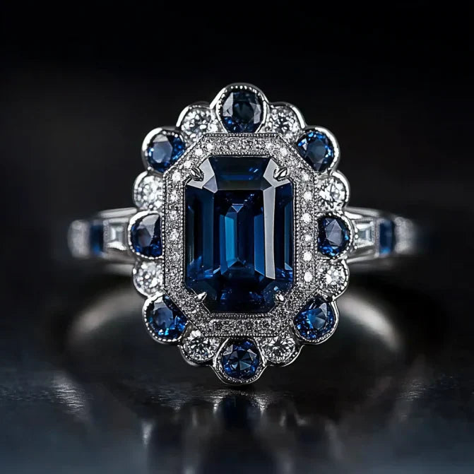 Vintage Blue Crystal Mandala Silver Ring-EllyBoutique